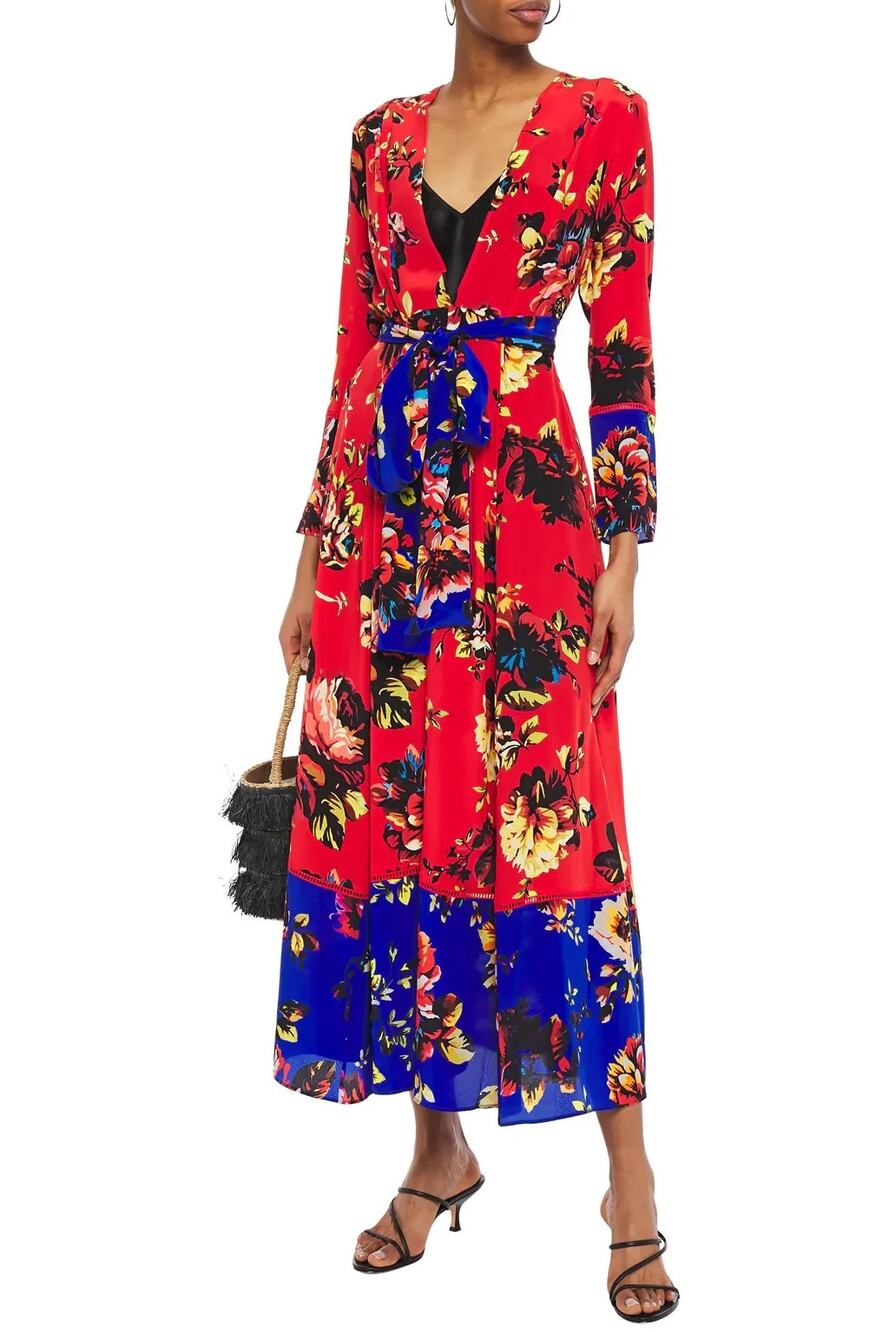 We Are LEONE 100% Silk Red Peony Maxi Cardigan Duster Robe Dress Boho Beach S/XS